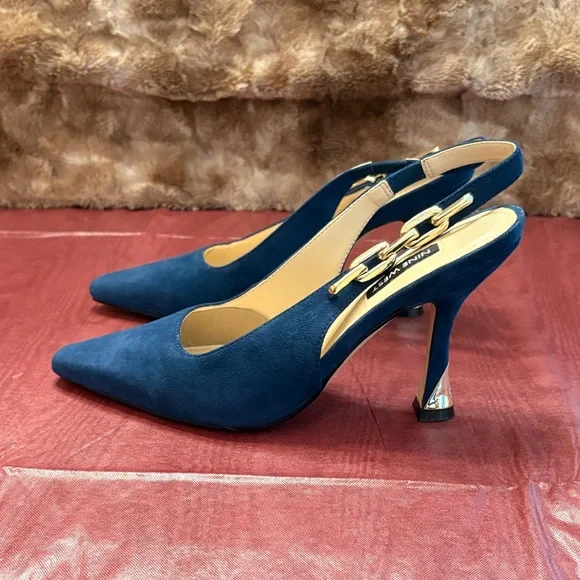 Nine West Teal Blue Suede Slingback Pointed-Toe Pumps - Picture 2 of 7